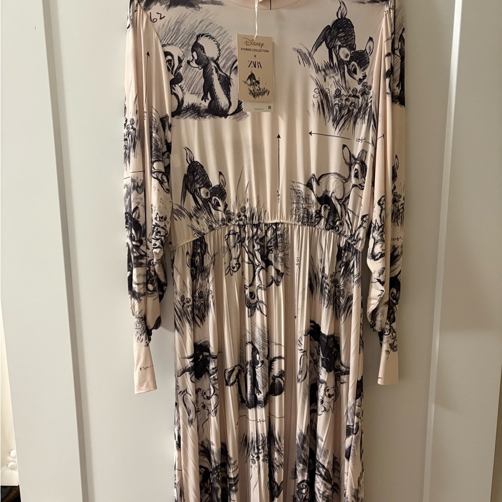 Zara Cream Maxi Dress with Disney Black Bambi Sketch Print